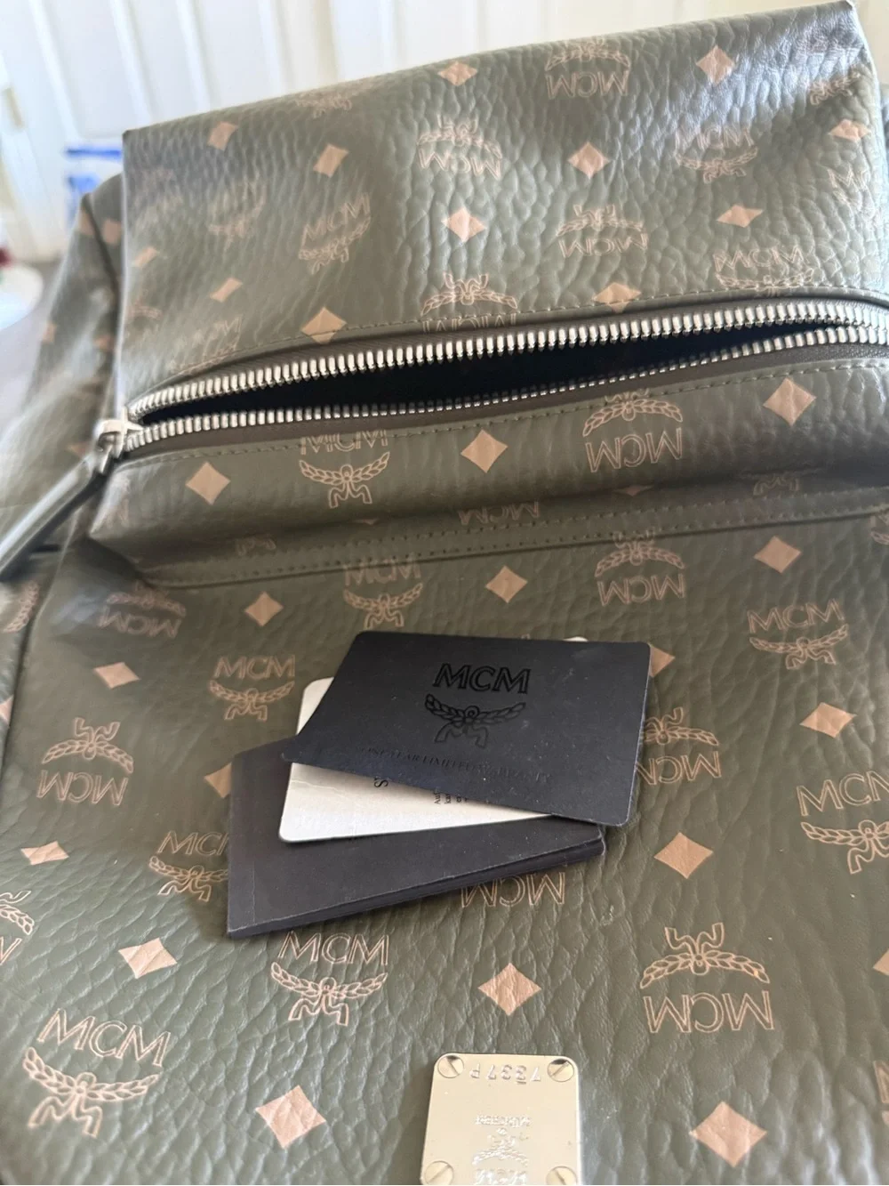 MCM Olive Monogram Backpack with Tan Logo Print